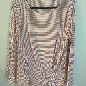 LOFT Tan and White Tie Front 3/4 Sleeve Blouse